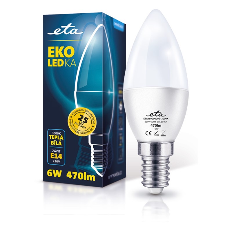 LED žiarovka ETA EKO LEDka sviečka, 6W, E14, teplá biela