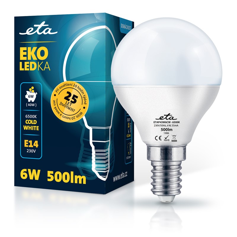 LED žiarovka ETA EKO LEDka mini globe 6W, E14, studená biela