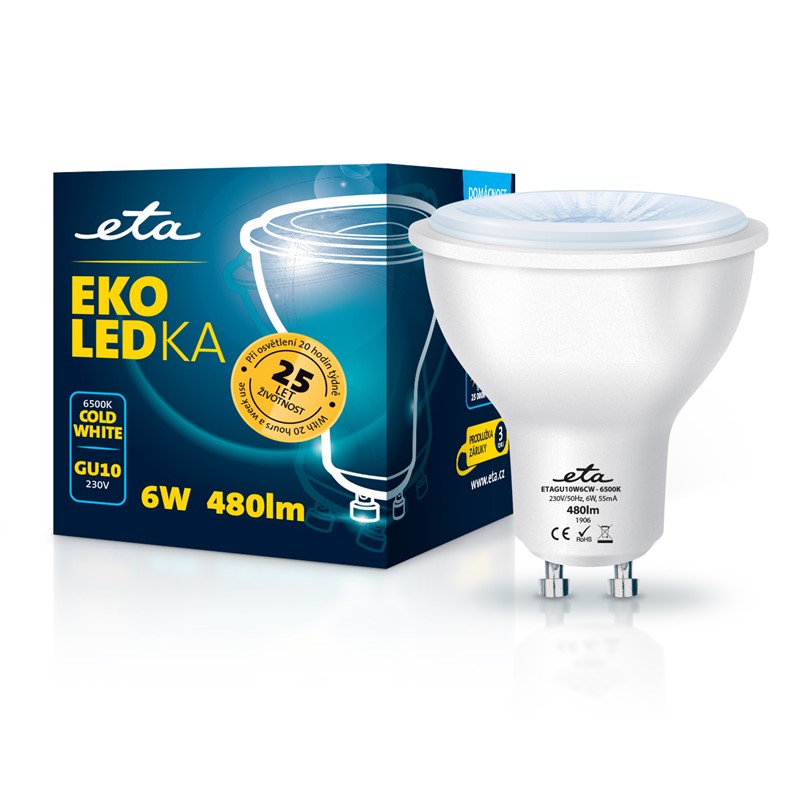 LED žiarovka ETA EKO LEDka bodová 6W, GU10, studená biela