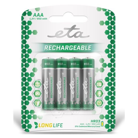 Batéria nabíjacia ETA AAA, HR03, 950mAh, Ni-MH, blister 4ks - obrázek č. 1