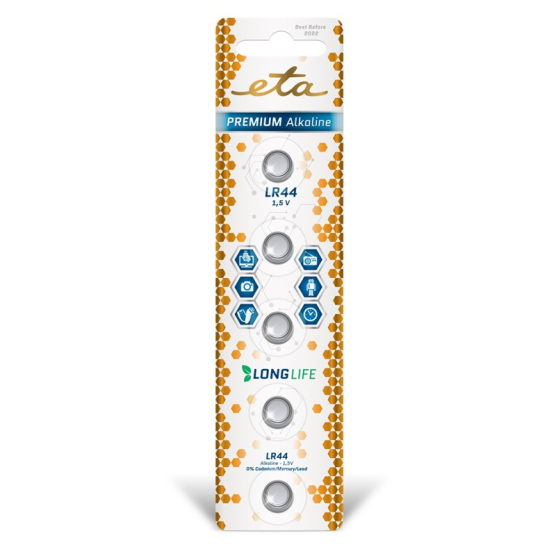 Batéria alkalická ETA PREMIUM ALKALINE LR44, blister 5ks - obrázek č. 1