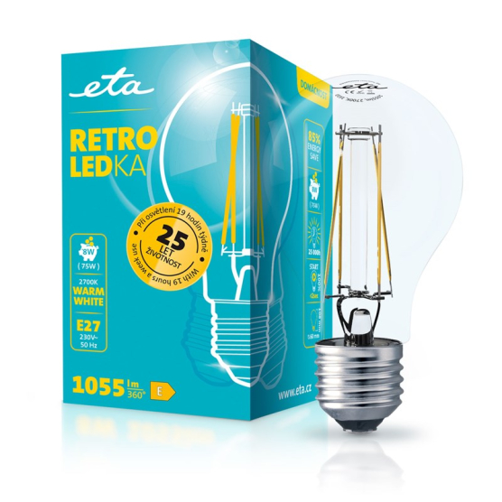 LED žiarovka ETA RETRO LEDka klasik filament 8W, E27, teplá biela - obrázek č. 1