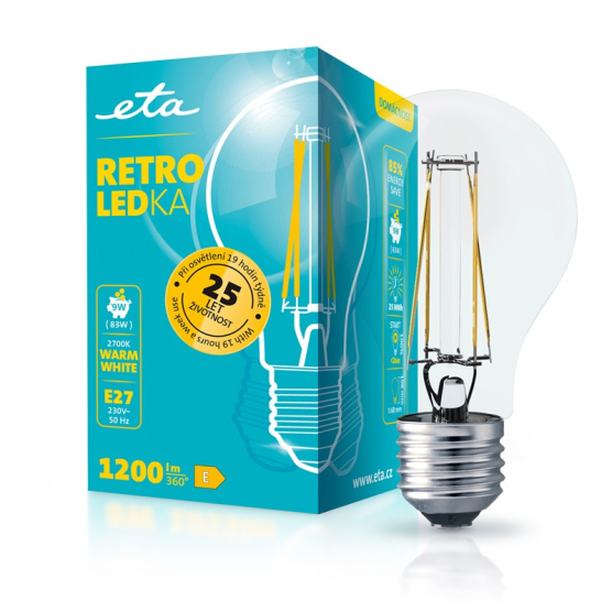 LED žiarovka ETA RETRO LEDka klasik filament 9W, E27, teplá biela - obrázek č. 1