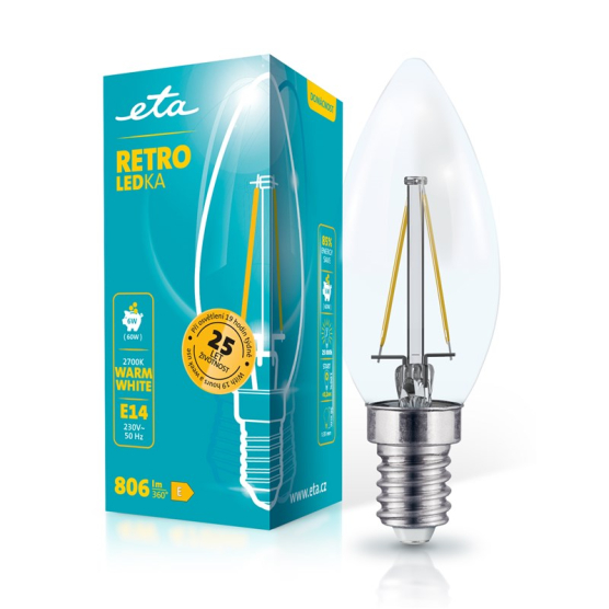 LED žiarovka ETA RETRO LEDka sviečka filament 6W, E14, teplá biela - obrázek č. 1