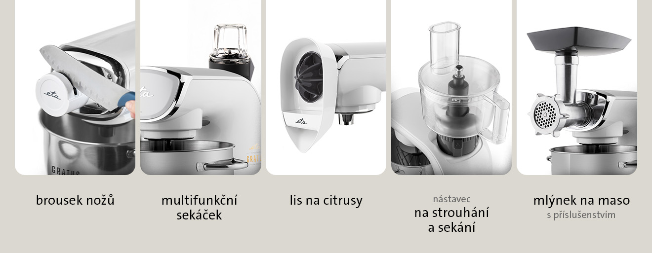 Kuchyňský robot ETA Gratus Evo Max II, brousek nožů, nástavec na strouhání a sekání, sekáček, lis na citrusy, mlýnek na maso