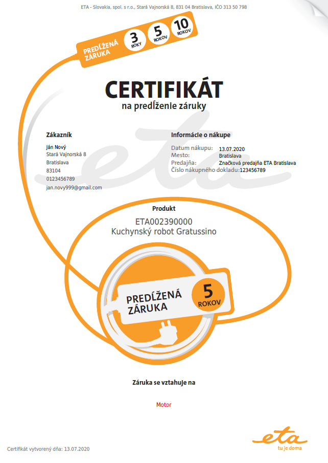 Certifikát Predĺženej záruky - vzor