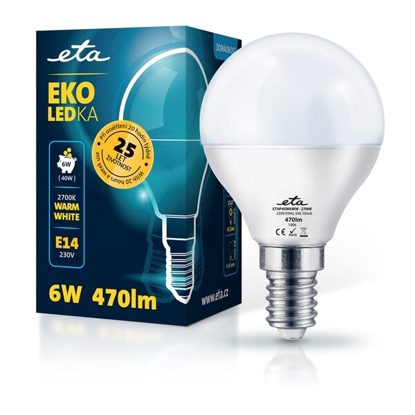 LED žiarovka ETA EKO LEDka mini globe 6W, E14, teplá biela (P45W6WW)