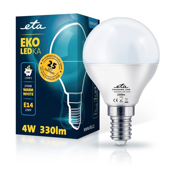 LED žiarovka ETA EKO LEDka mini globe 4W, E14, teplá biela (P45W4WW)