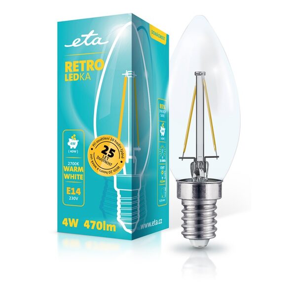 LED žiarovka ETA RETRO LEDka sviečka filiament 4W, E14, teplá biela (C37W4WWF)
