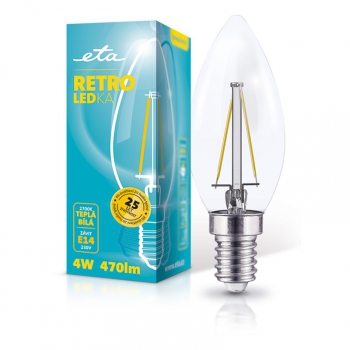 LED žiarovka ETA RETRO LEDka sviečka, 4W, E14, teplá biela priehľadná
