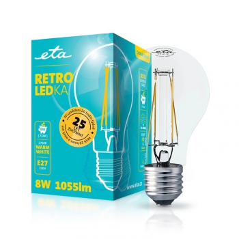 LED žiarovka ETA RETRO LEDka klasik filament 8W, E27, teplá biely