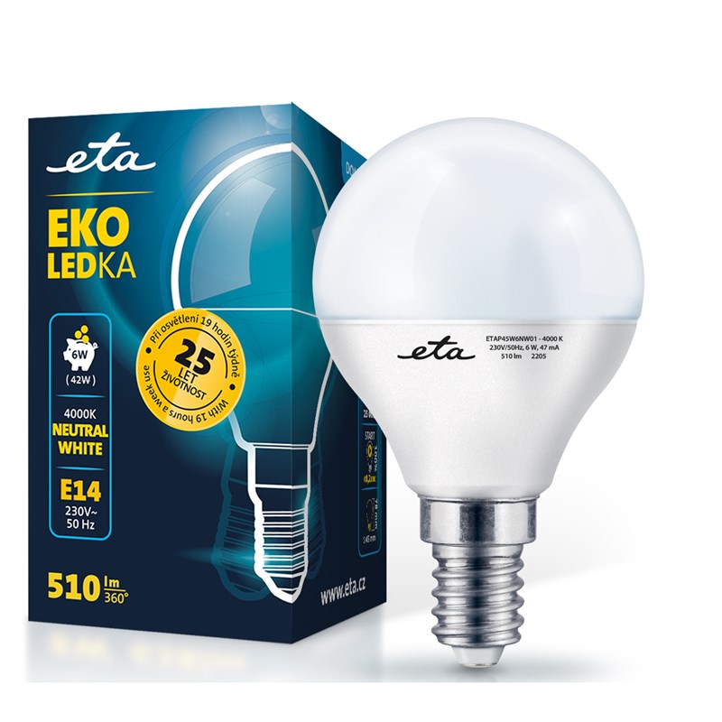 LED žiarovka ETA EKO LEDka mini globe 6W, E14, neutrální bílá