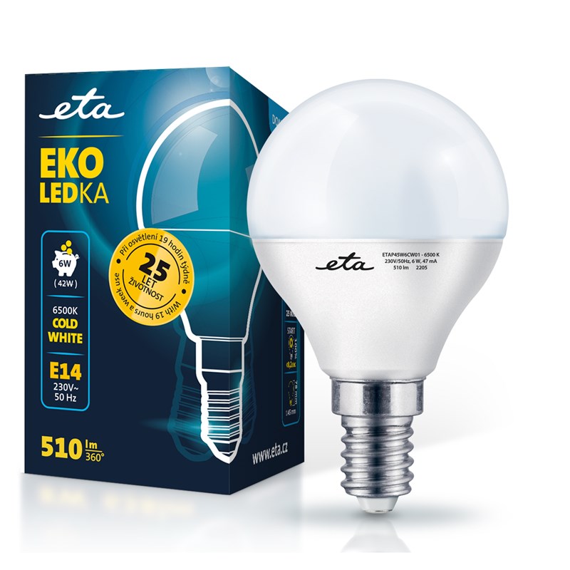 LED žiarovka ETA EKO LEDka mini globe 6W, E14, studená bílá