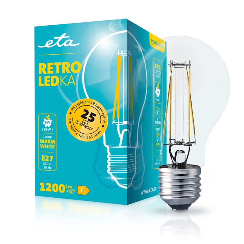 LED žiarovka ETA RETRO LEDka klasik filament 9W, E27, teplá bílá