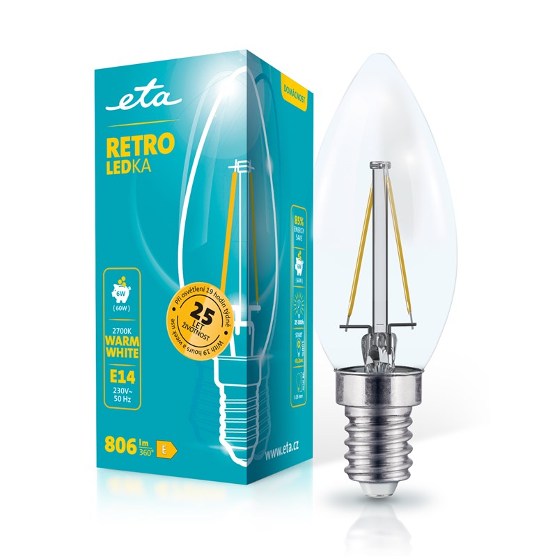 LED žiarovka ETA RETRO LEDka svíčka filament 6W, E14, teplá bílá