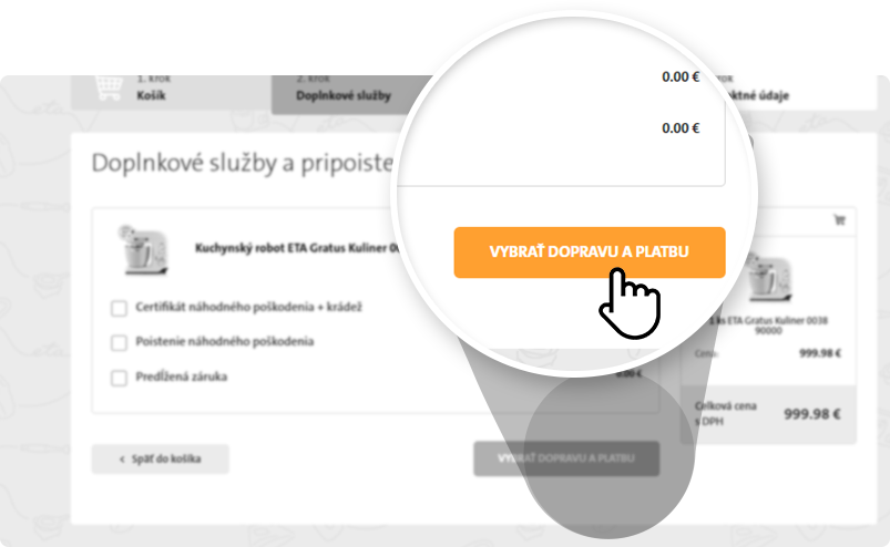 Vybrať doplnkové produkty a pokračovať na dopravu a platbu